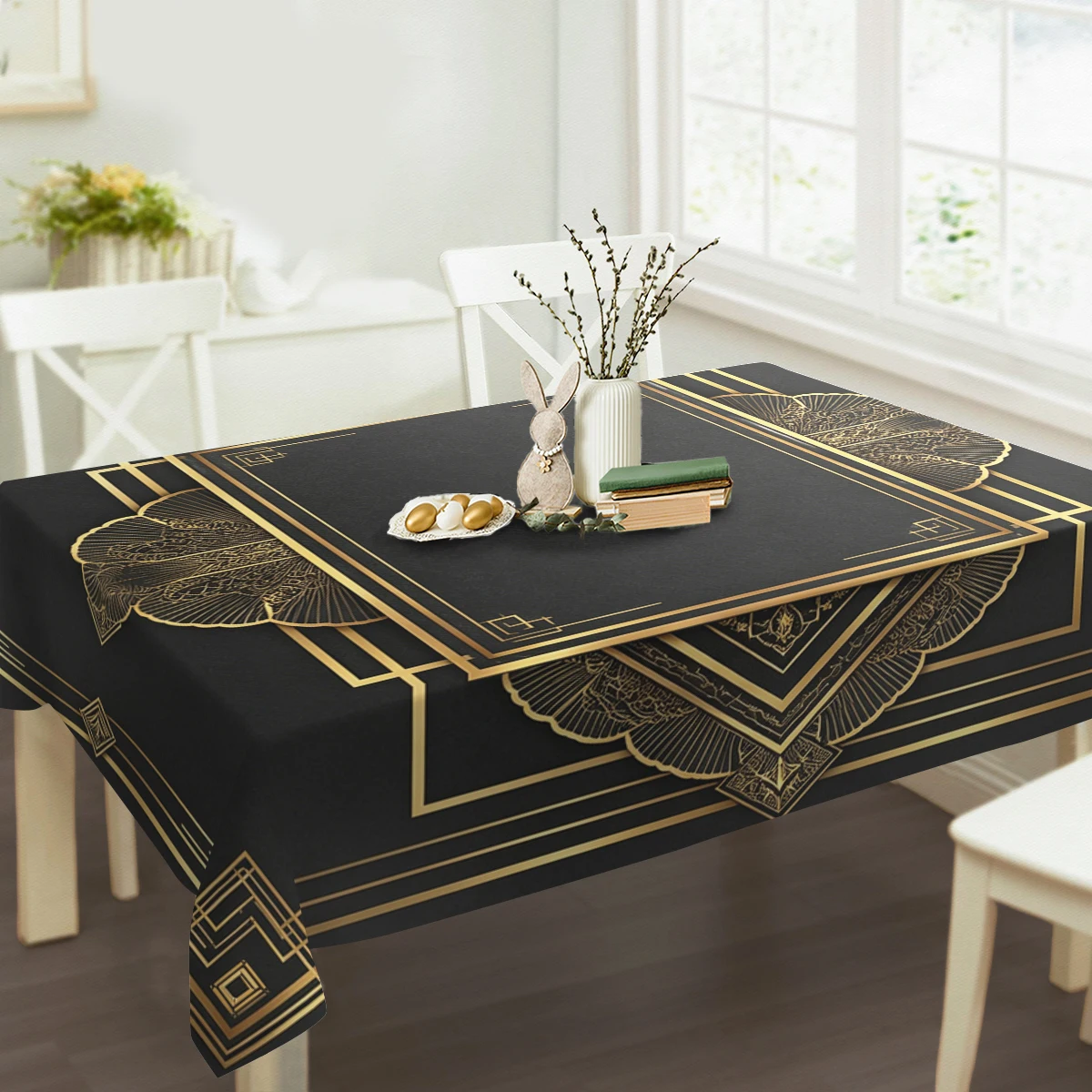 Bohemian Eye Feather Geometric Pattern Polyester Tablecloth, Stylish Decorative Dining Table Cover for Home, Cafe and Daily Use