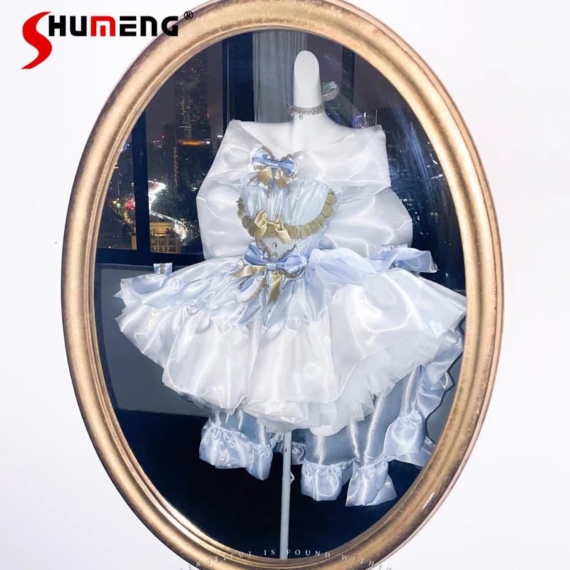 

Blue and White Princess Style Dress Girls Woman's Sweet Big Bow Long Tail Mini Ball Gown Dress Lolita Birthday Party Fairy Dress