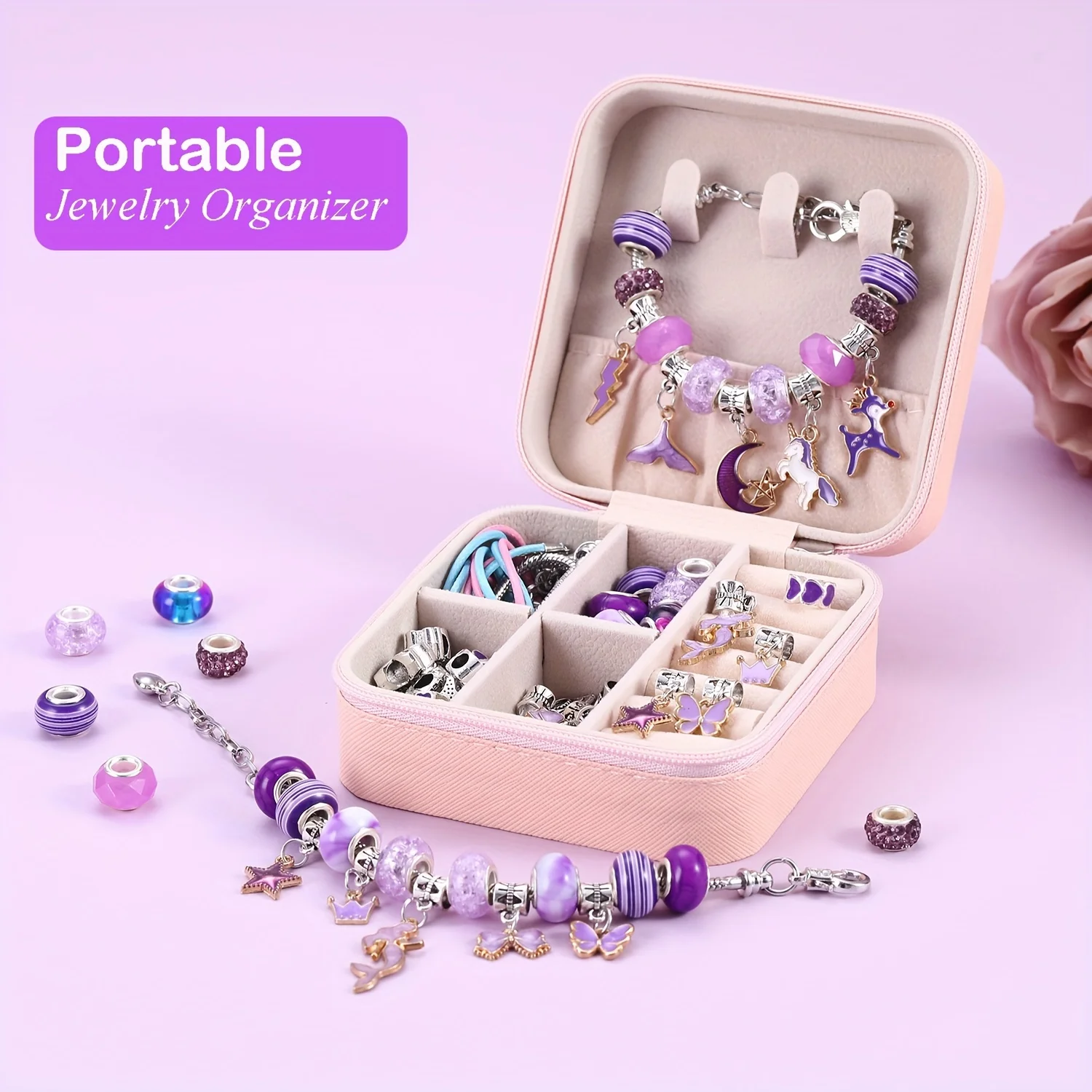 68pcs purple bead charm hand-made handmade bracelet necklace, mermaid and unicorn series charm gift set for handmade gift