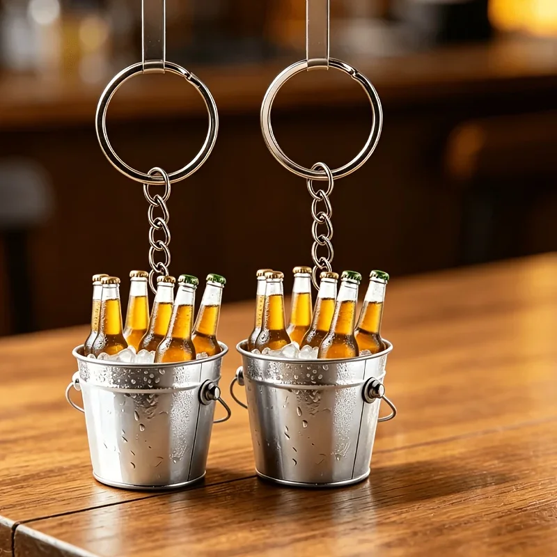 2Pcs 2D Flat Acrylic Beer Bucket Keychain, Beer Bottle Printed Key Ring, Creative Pendant for Car Bag, Bar Party Decor Gift