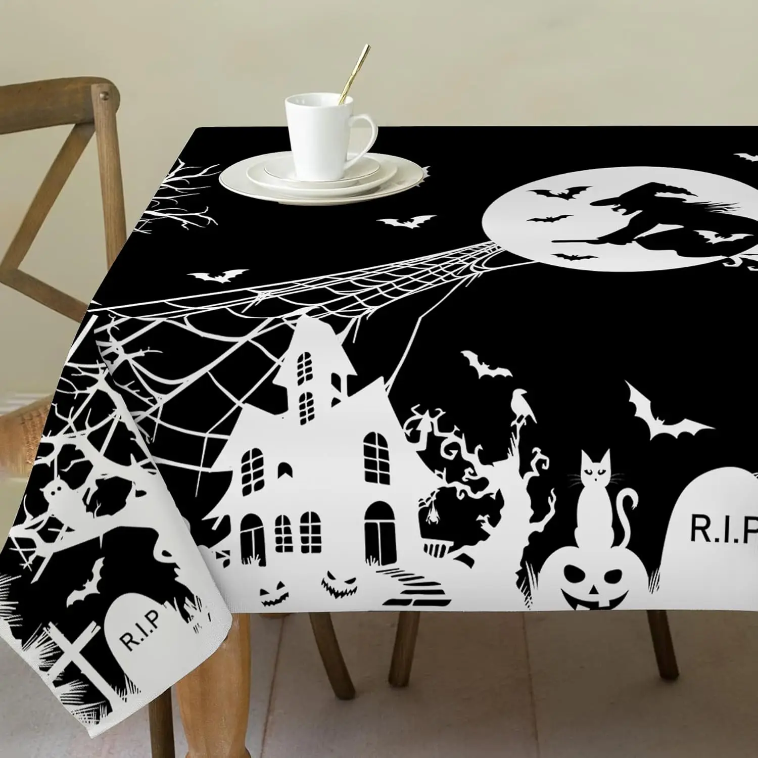 Halloween Witch Castle and Jacks Lantern Rectangle Tablecloth Dining Room Decor Waterproof Tablecloth Halloween Decorations