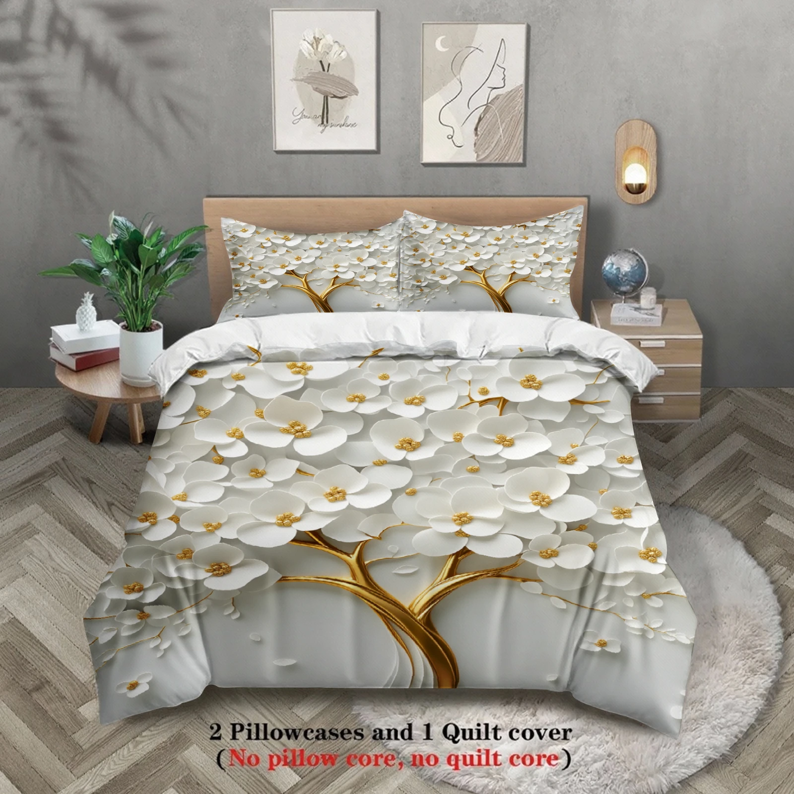 3D Floral Tree Bedding Set White Gold Flower Pattern Bedding With Duvet Cover & Pillowcases For Bedroom