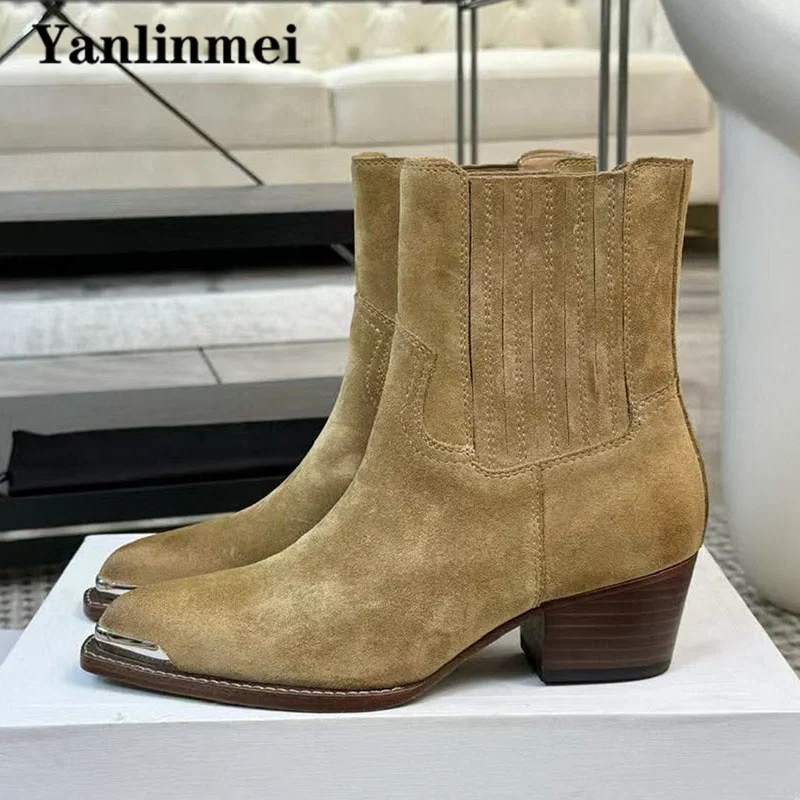 Luxury Suede Leather Western Cowboy Boots Woman Metal Pointed Toe Slip-On Chelsea Shoes Women Square Heels Ankle Boots For Women