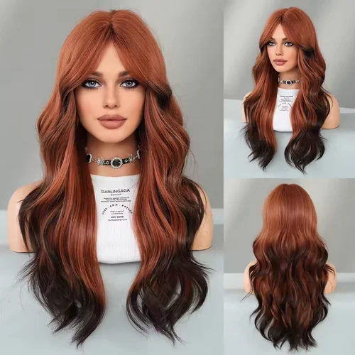 Long Loose Curly Blue Highlight Ash Wigs Middle Part Heat Resistant Synthetic Hair Wigs with Curtain Bangs