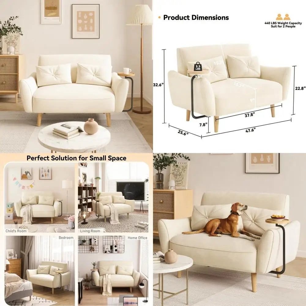 Velvet Loveseat Sofa 47 for Small Spaces, Bedroom, Convertible Wooden Tray, Ergonomic Armrest, Ideal for Apartments and Living R