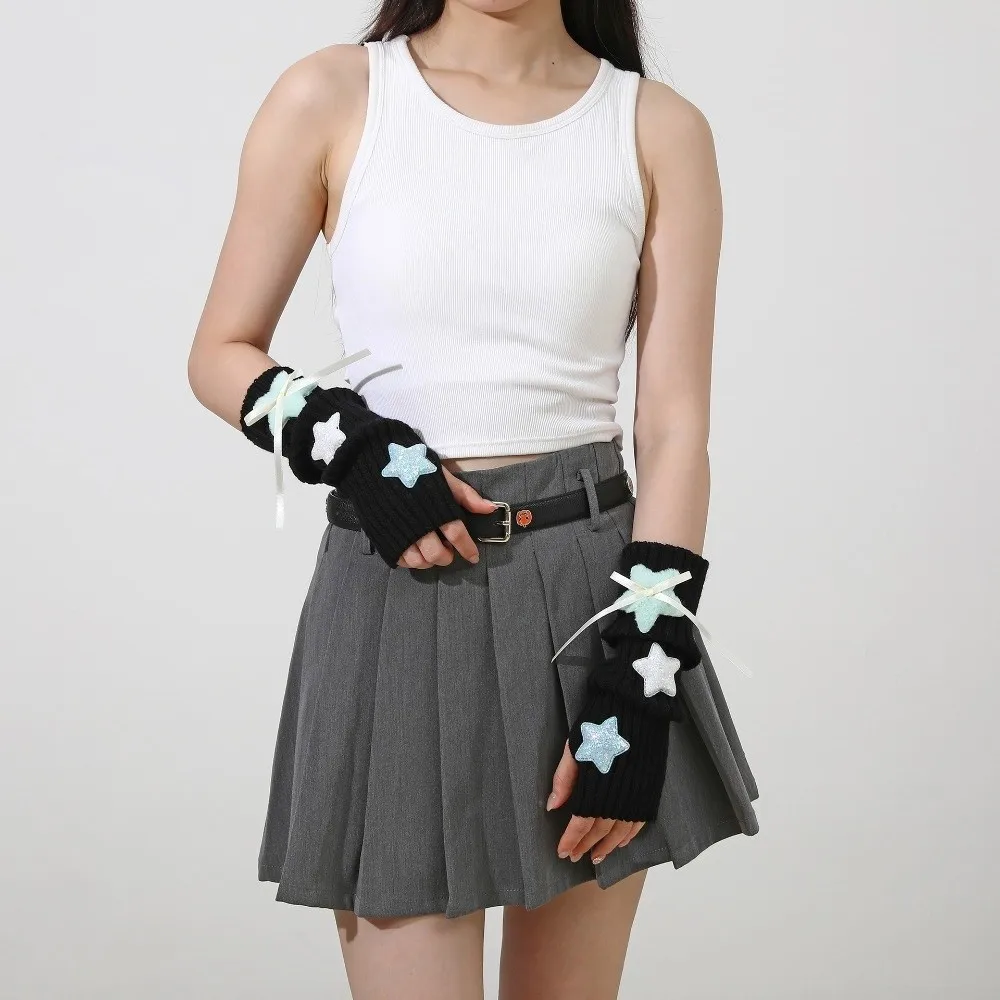 Sequin Star Decorated Fingerless Arm Covers Long Cuff Half Finger Gloves Ribbon Bow Decor Windproof Warm