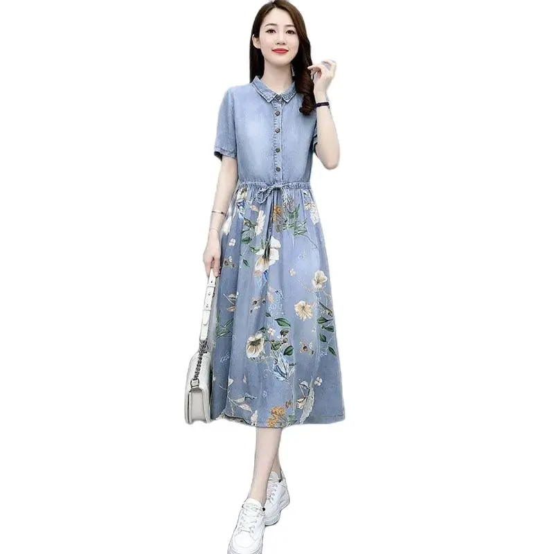 

Summer Ladies Denim Dress 2022 Fashion Splicing Printing Slim Fit Women's Midi Skirt Thin Short Sleeve Female Shirt A-line Skirt