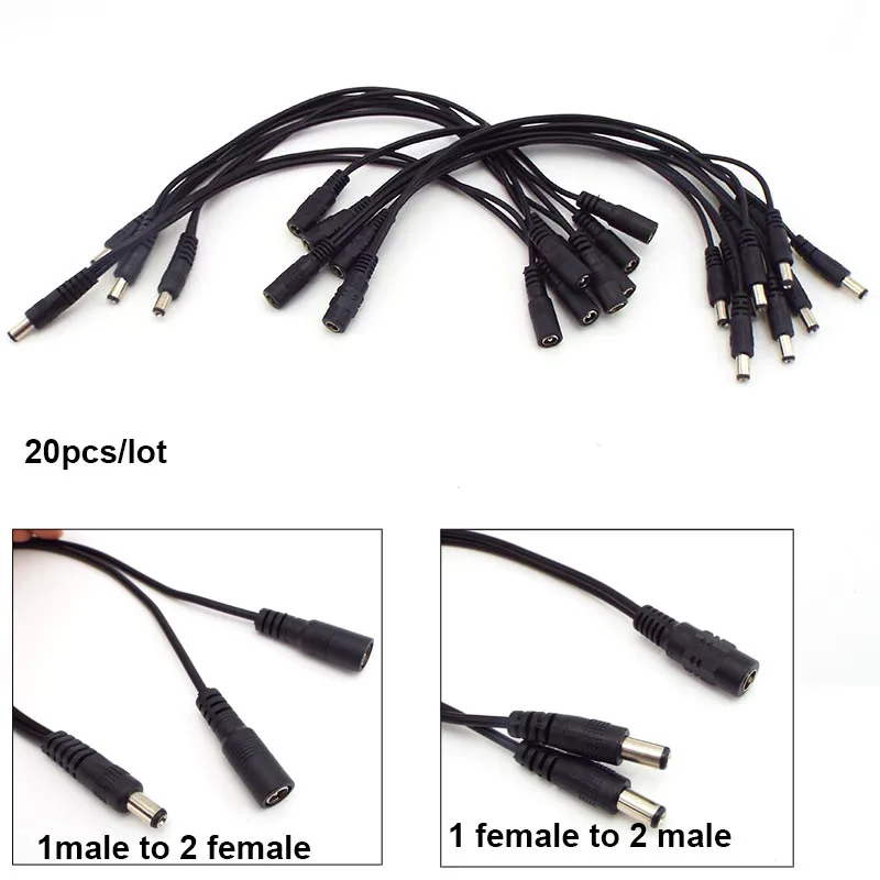 

20pcs 2 way 1 DC male female to 2 male female Splitter Power connector adapter Cable 5.5x2.1 Plug extend strip cord wholesale p1