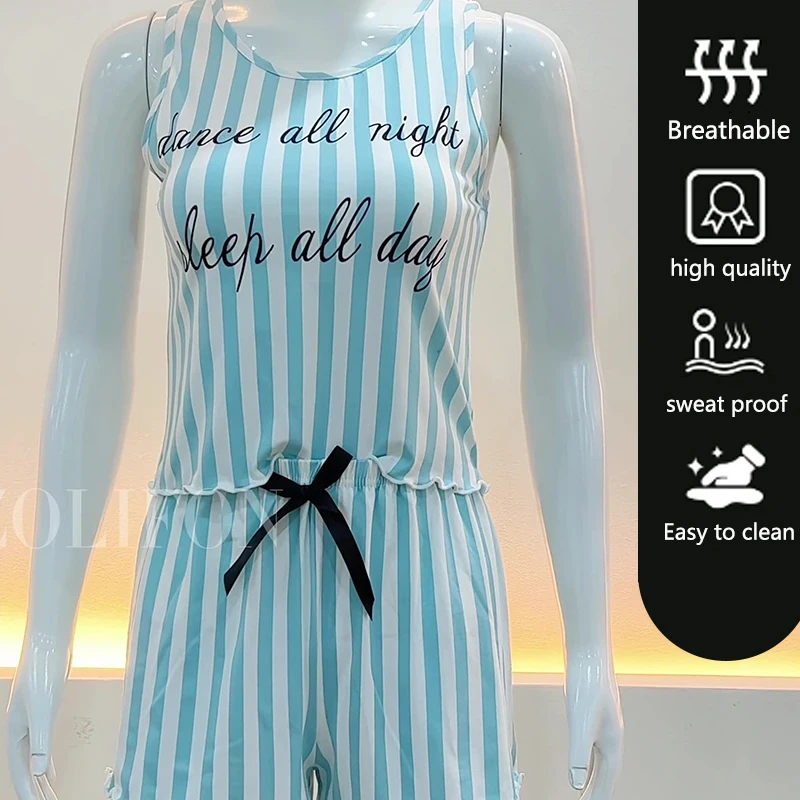 2pcs/Set Sexy Erotic Pajamas Printed Round Neck Set Blue Letter Striped Tank Top Homewear Pajama Set Sport Camisole And Shorts