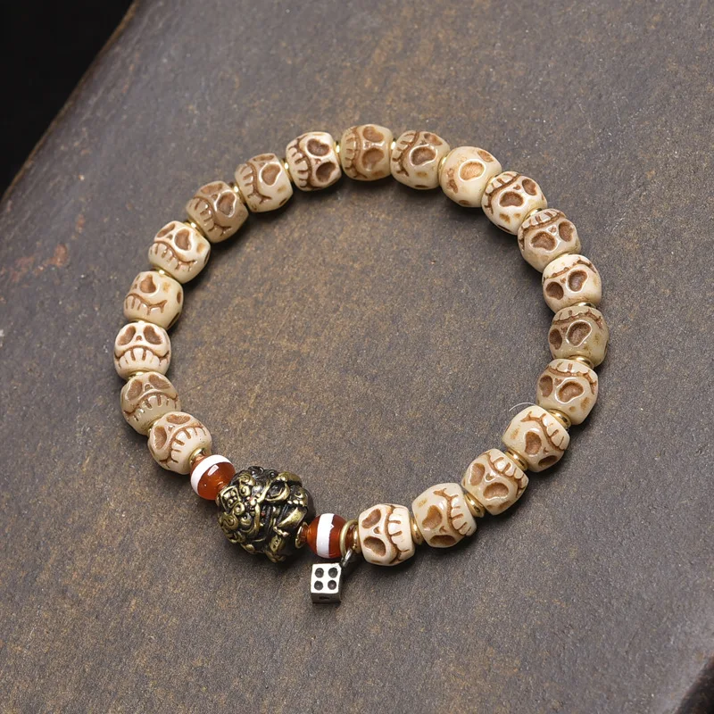Backflow Carving A Dai Crafts Single-Wrap Ox Bone Malachite Agate Beads Accessories Rosary Bracelet