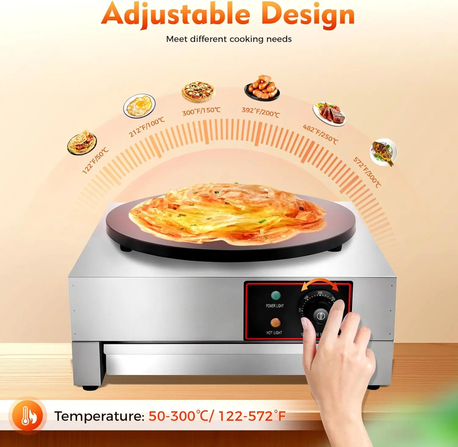 Kommerzieller elektrischer Crêpes-Maker, 1700 W, 16-Zoll-Edelstahl-Grillplatte mit antihaftbeschichteter Crêpes-Pfanne, verstellbar 50–300