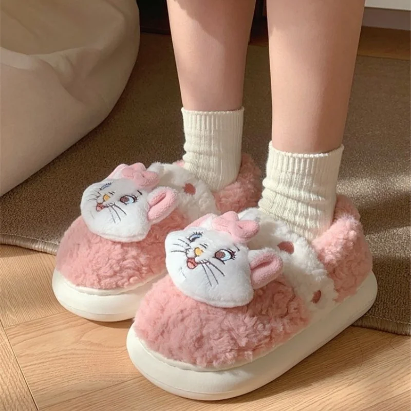 Kawaii Disney Marie Cat Damen-Baumwollhausschuhe, Winterhaus, rutschfeste Plüschhausschuhe, niedliche Cartoon-Schuhe mit weichem Boden