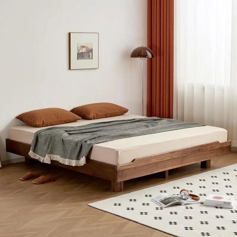 

Nordic black walnut bedside bed Internet celebrity full solid wood tatami bed suspension bed 1.8 double solid wood