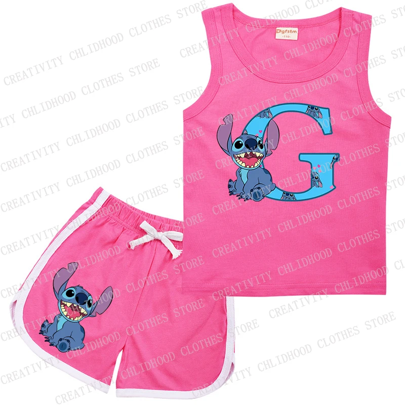 Bambini Stitch Letter A -Z Suit Sports Rose Clothes Casual Disney senza maniche Girl Boy Vest & Shorts 2 pezzi set abbigliamento estivo per bambini