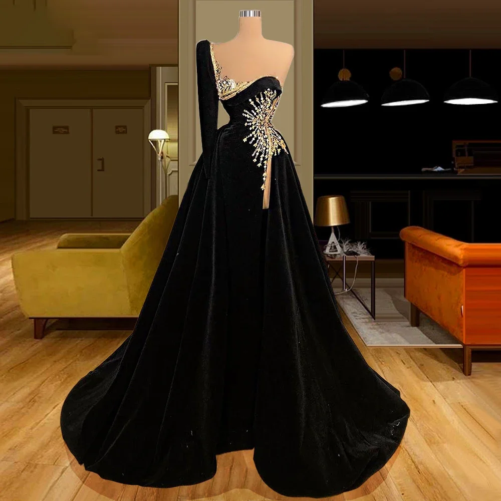 Black velvet sexy high slit crystal decoration detachable one shoulder long sleeved formal occasion mop floor evening dress