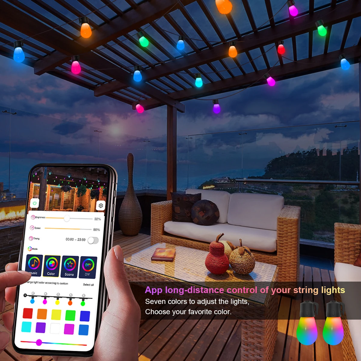 NEW 49ft Fairy String Lights 15 LED Bulbs Fairy Lights Bluetooth APP and Key Remote Control Multi Color String Light IP65