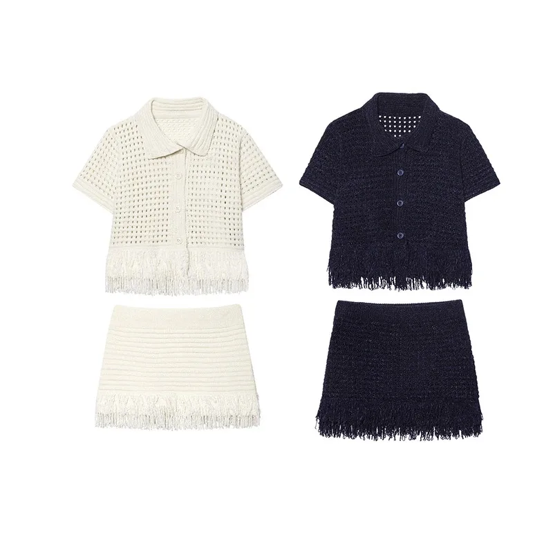 

Bonny Turn Down Collar Short Sleeves Single Breasted Top Elastic Waist Mini Skirt Tassel Design Knit Suit Set 2025 Summer