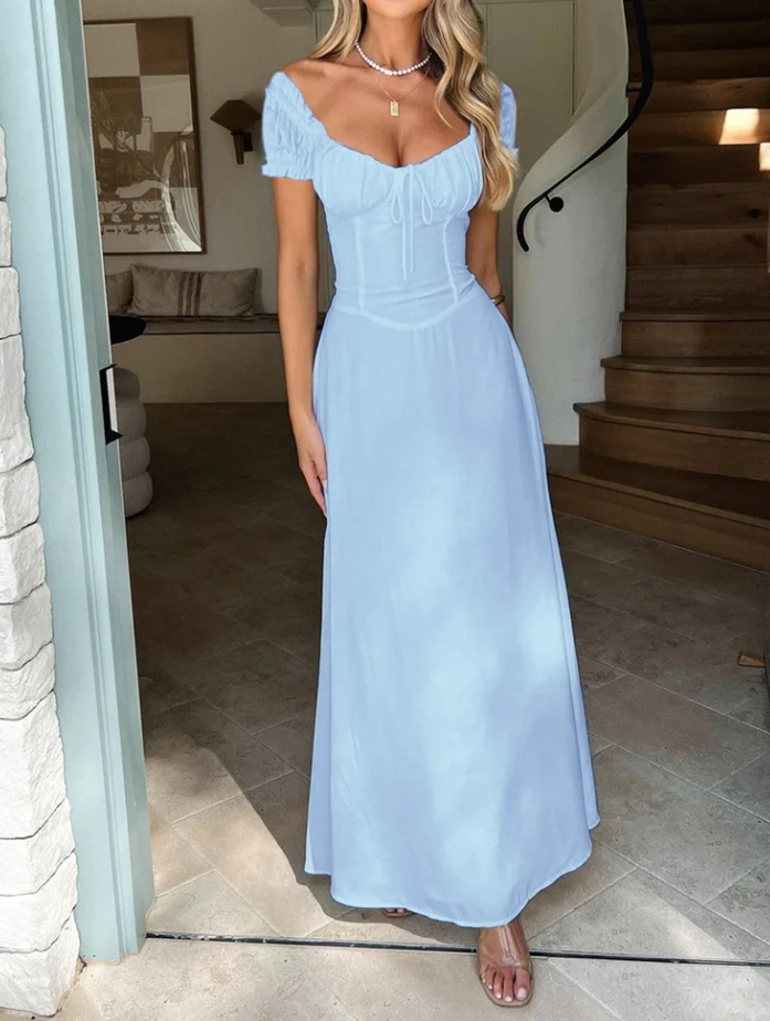 Women's Y2K sexy dress summer short sleeved bubble sleeve casual solid color tie back square neck high waisted A-line long skirt