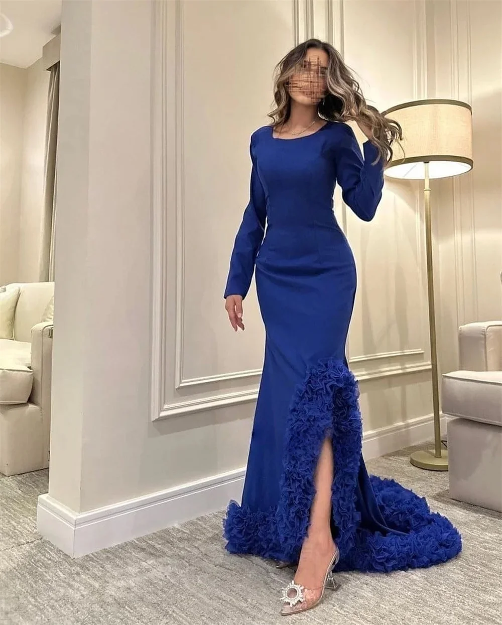 

Royal Blue Long Sleeves Bespoke Occasion Gown Evening Dresses Pastrol Unisex Jersey Retro Dubai Saudi Arabic Prom Customized