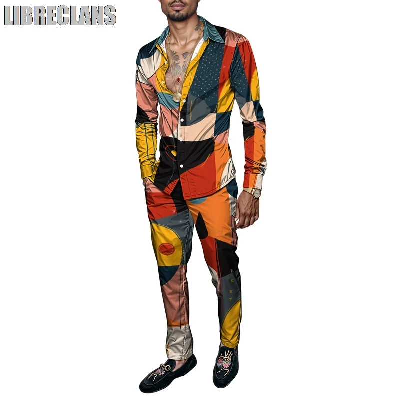 

Новый модный ромбовидный сетчатый принт, весенне-осенний мужской комплект рубашек, модный простой комплект из двух предметов, роскошные вечерние костюмы с длинными рукавами