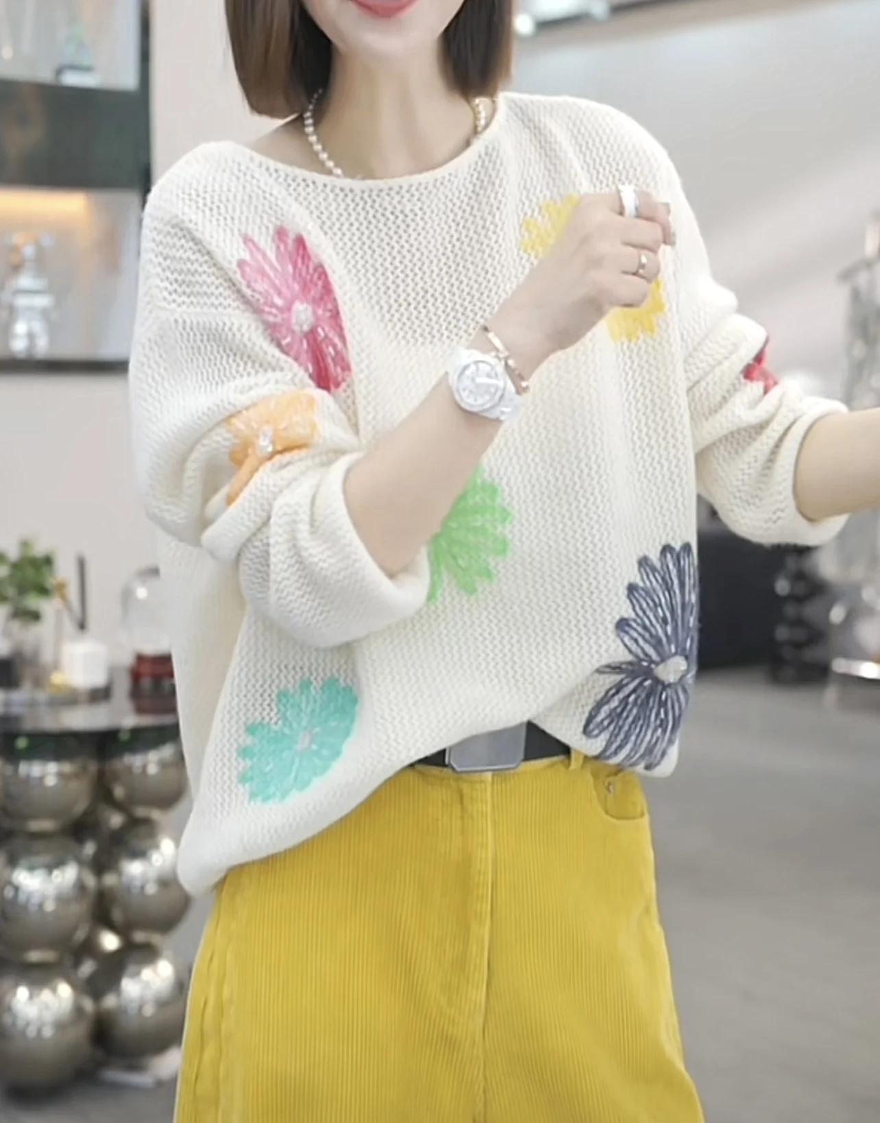 European Fashion Versatile Sweater Autumn Colorful Embroidery Flowers Sequin Round Neck Knit Pullovers Jumper Women's Clothes