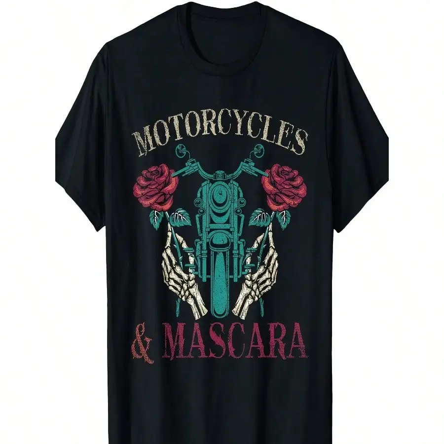 Women's Black Cotton Biker T-Shirt - Short Sleeve, Round Neck, Motorcycle & Roses Graphic Design, Perfect for Casual Attire