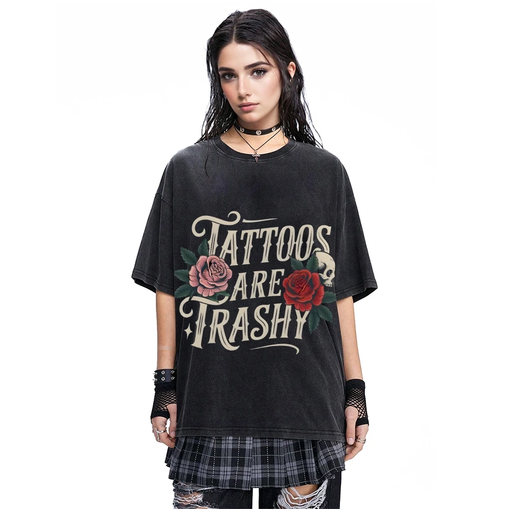 

Varied Style Unisex T-shirt Vintage Washed Tattoo Print Short Sleeve Retro Streetwear Hip-hop Top Summer New Comfortable Cotton