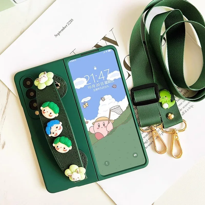 Cute Cartoon Flower WristBand Holder Green Matte Case Cover With Crossbody Long Strap For Samsung Galaxy Z Fold 7 6 5 4 3 2 5G