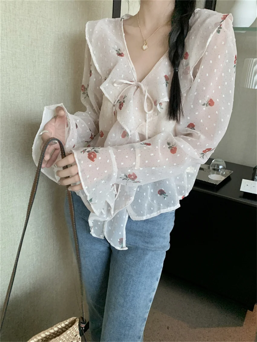 

Alien Kitty Summer Florals Chic Shirts Women Flare Sleeve Gentle New Casual 2023 OL Slim Daily Printed Office Lady Sweet