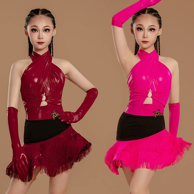 

Girls Latin Dance Competition Dress Women Burgundy Hot Pink Fringe Dress Cha Cha Rumba Samba Dance Costume Perform Suit BL15382