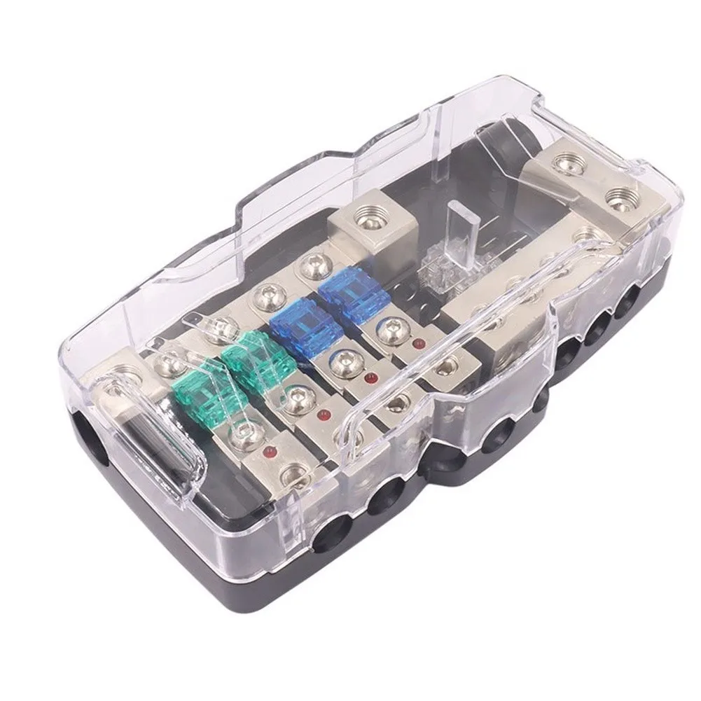 Car Audio Power Distribution Block 4 Way Fused with 0/2/4GA Input and 4/6/8GA Output Red LED Indicator and Heat Resistant Body