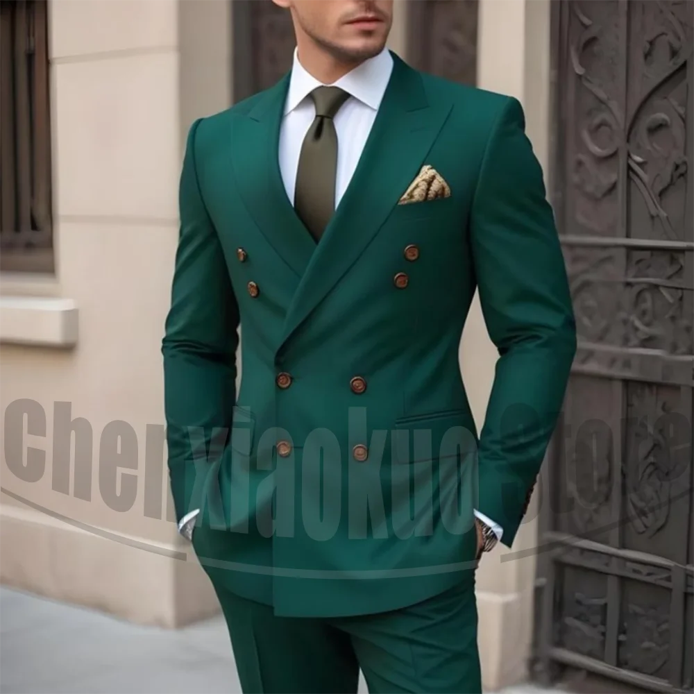 

Men's Double Breasted Suit Set Two Piece Fashion Peak Lapel Formal Outfit Solid Color Slim Wedding Groom Prom Party Tuxedo