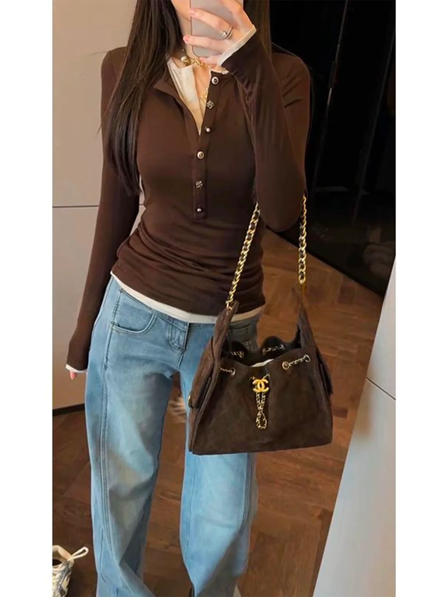 

Женский приталенный вязаный свитер Mimius Camere с воротником Хенли, длинными рукавами, повседневный базовый топ