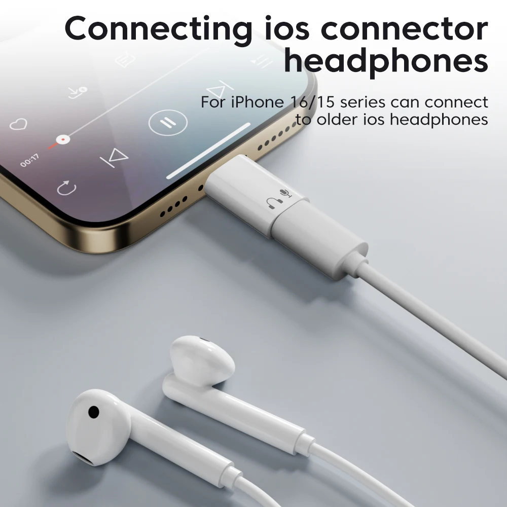 Elough Type-c إلى Lightning محول الصوت لسماعة الرأس آيفون 15 16 برو ماكس سامسونج USB-C محول سماعة أذن لأجهزة الكمبيوتر المحمولة آي باد