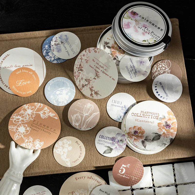 Journal GO 50pcs Poem of The Ring Vintage Round Flower Label Memo Pads Creative DIY Junk Journal Collage Material Papers