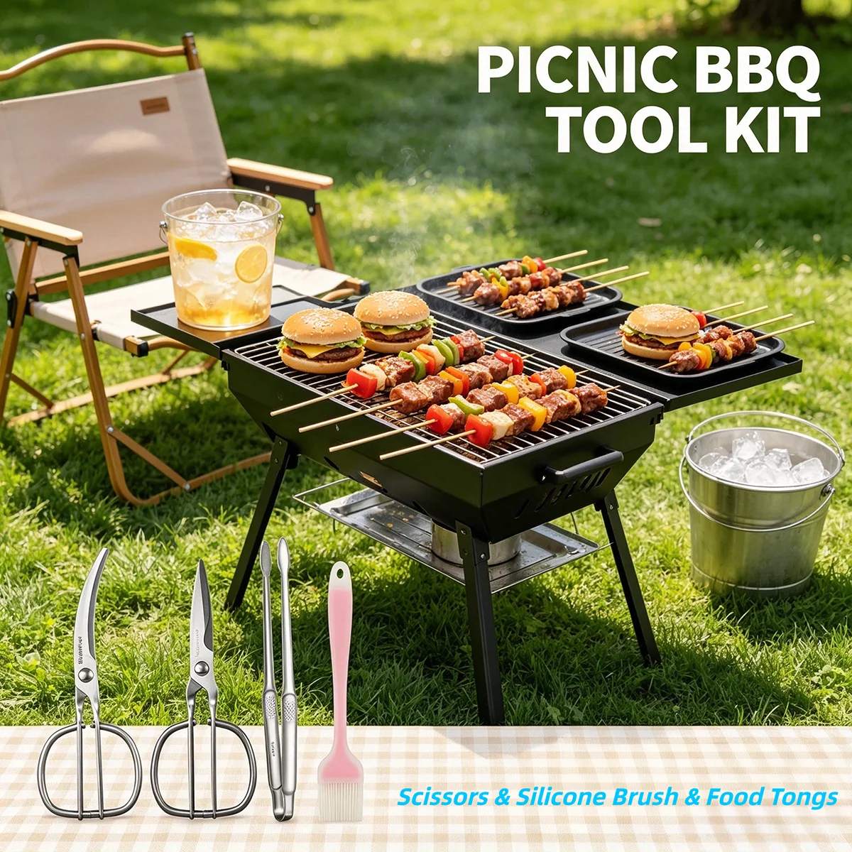 1/2/3Pcs,All Steel Curved/Straight BBQ Scissors,304 Food Tongs And Food Grade Silicone Basting Brush- Grilling For Meat Cutlets