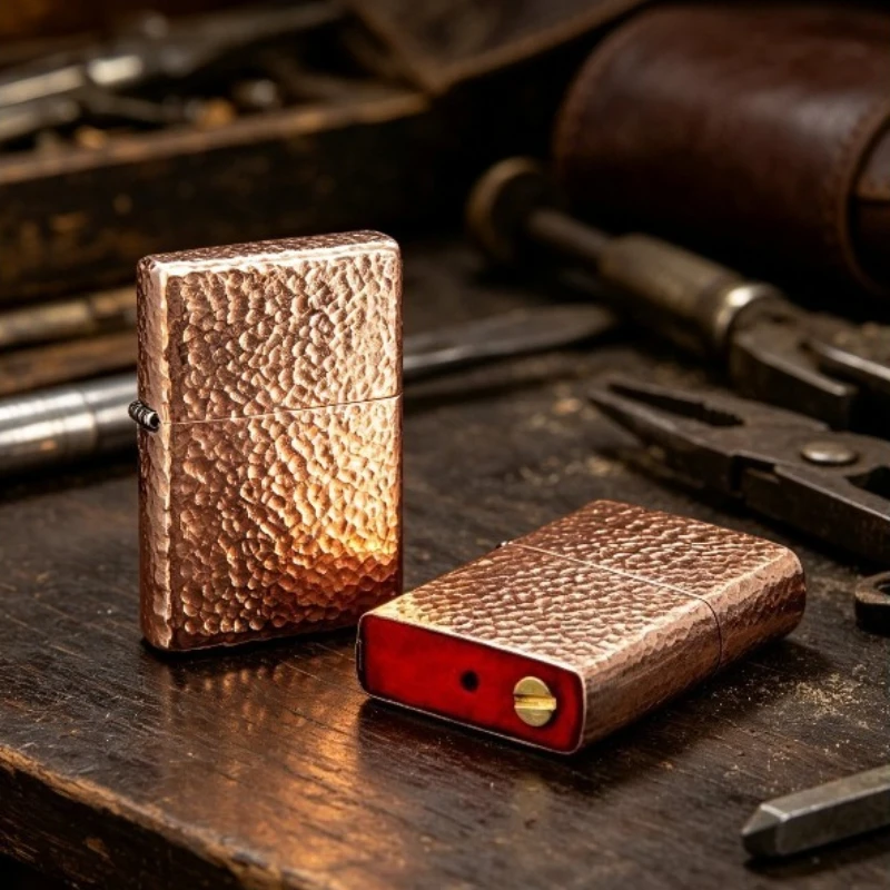 Hand Forged Lighter Purple Copper Shell Liner Crater Pattern Handmade Forging Unique Texture Suitable for Men To Collect Gifts