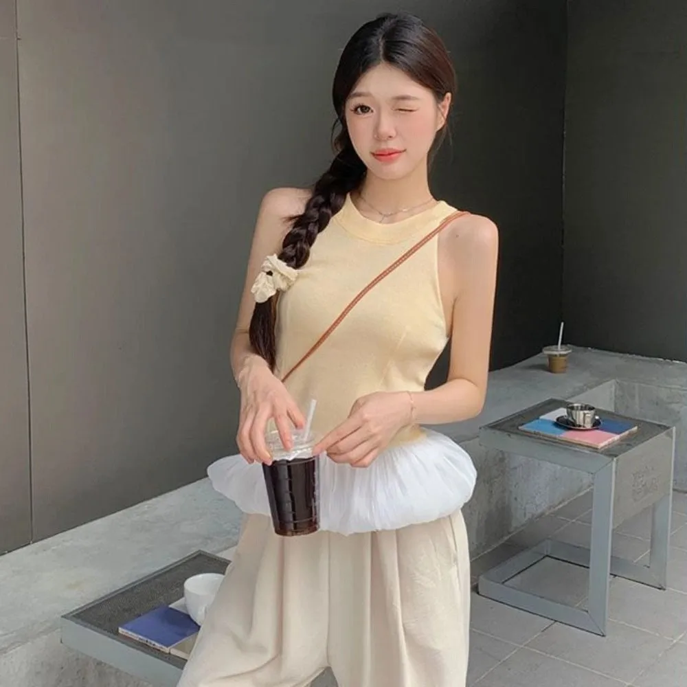 

Patchwork Slim Fit Sleeveless Crop Top Vest Spicy Girl Style Mesh Ruffle Camisole Irregular Sweet Girl's Top Streetwear