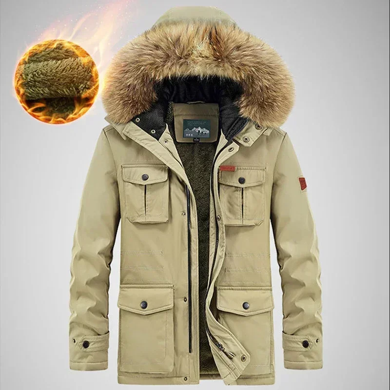 Winter Men\'s Plush Cotton Jacket Parkas Medium To Long Hooded Cotton Jacket Male Fashion Casual Youth Thick Coat Clothing