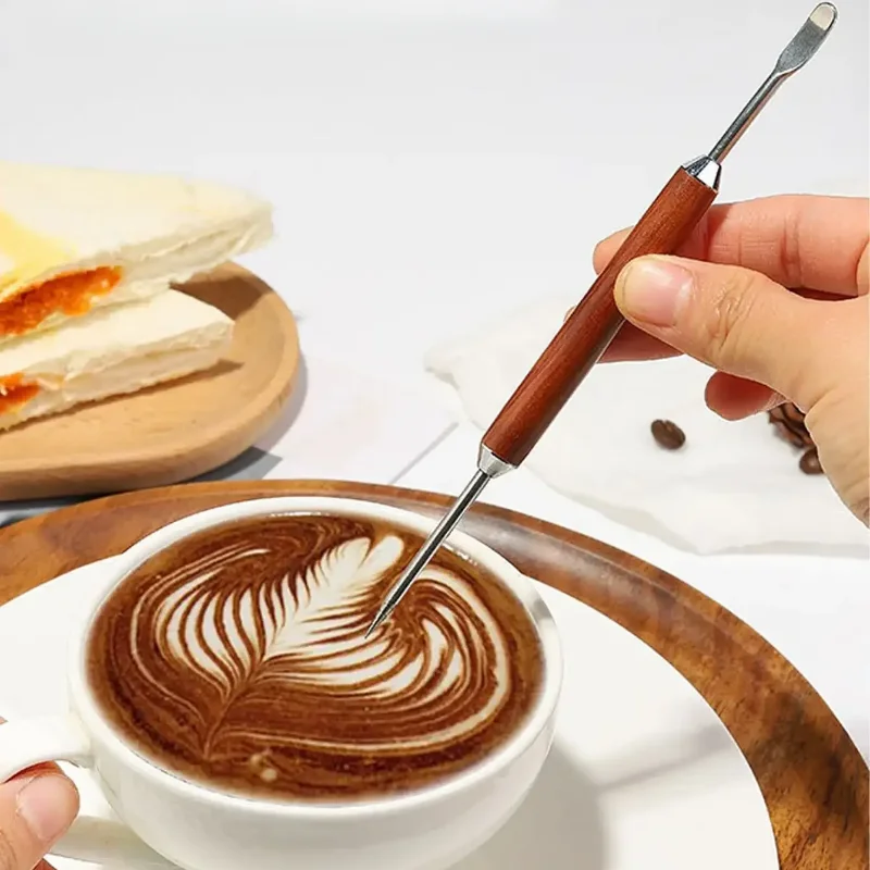 1PC Rosewood Coffee Latte Art Pen, Stainless Steel Pull Needle Tool,Kitchen Gadget, Espresso Accessory, Wooden Handle