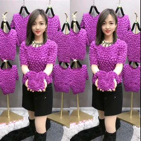 Loose Short Sleeve Women's Top Pure Color Transparent Bubble Hem Pineapple Shirt Pleated Bubble Shirt Versatile Magic Shirt