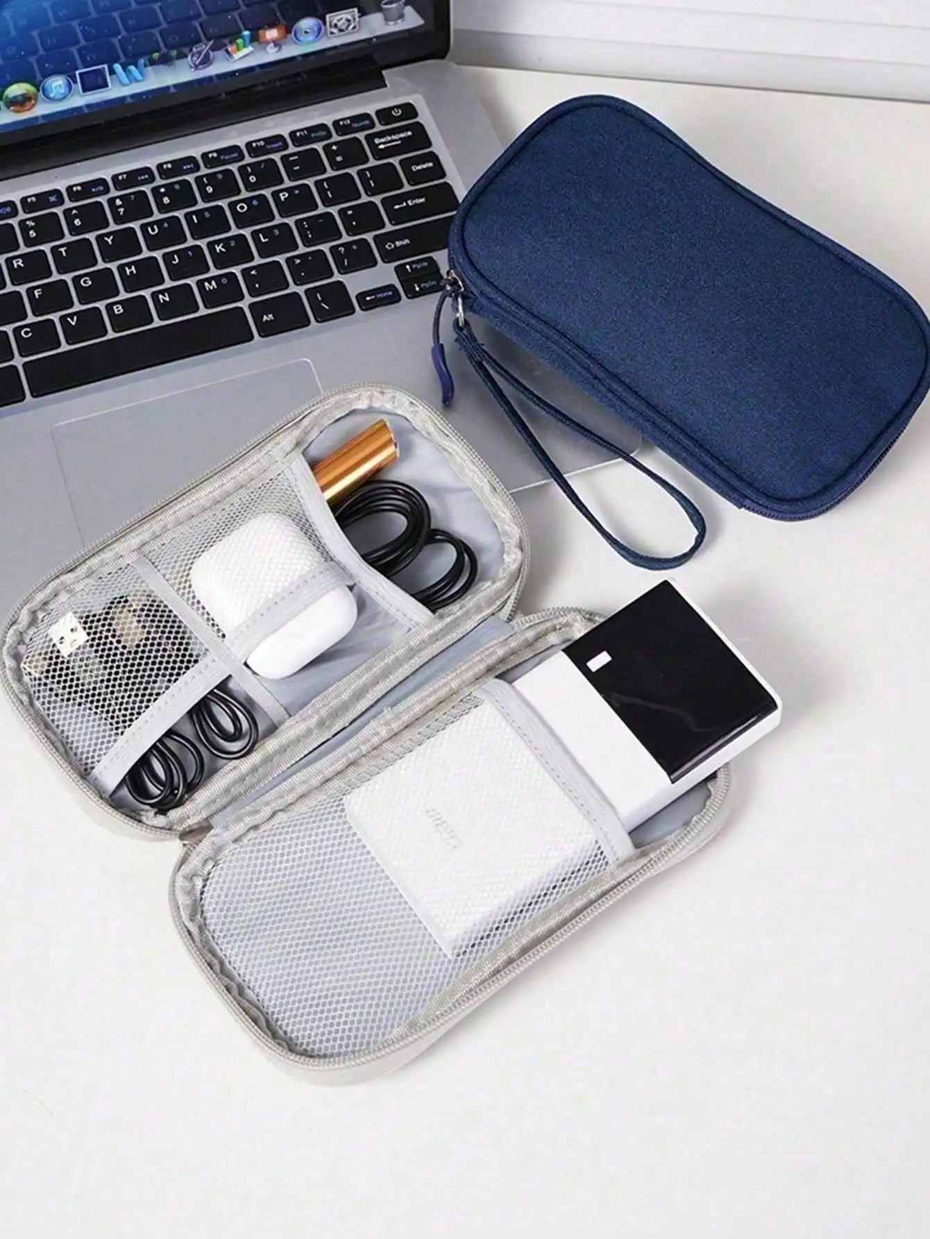 Navy Blue Double Layer Electronic Accessories Storage Bag Portable Cable Organizer Case Multi Mesh Pockets Travel Gadget Pouch for Power Bank Charger Earphones USB Cords