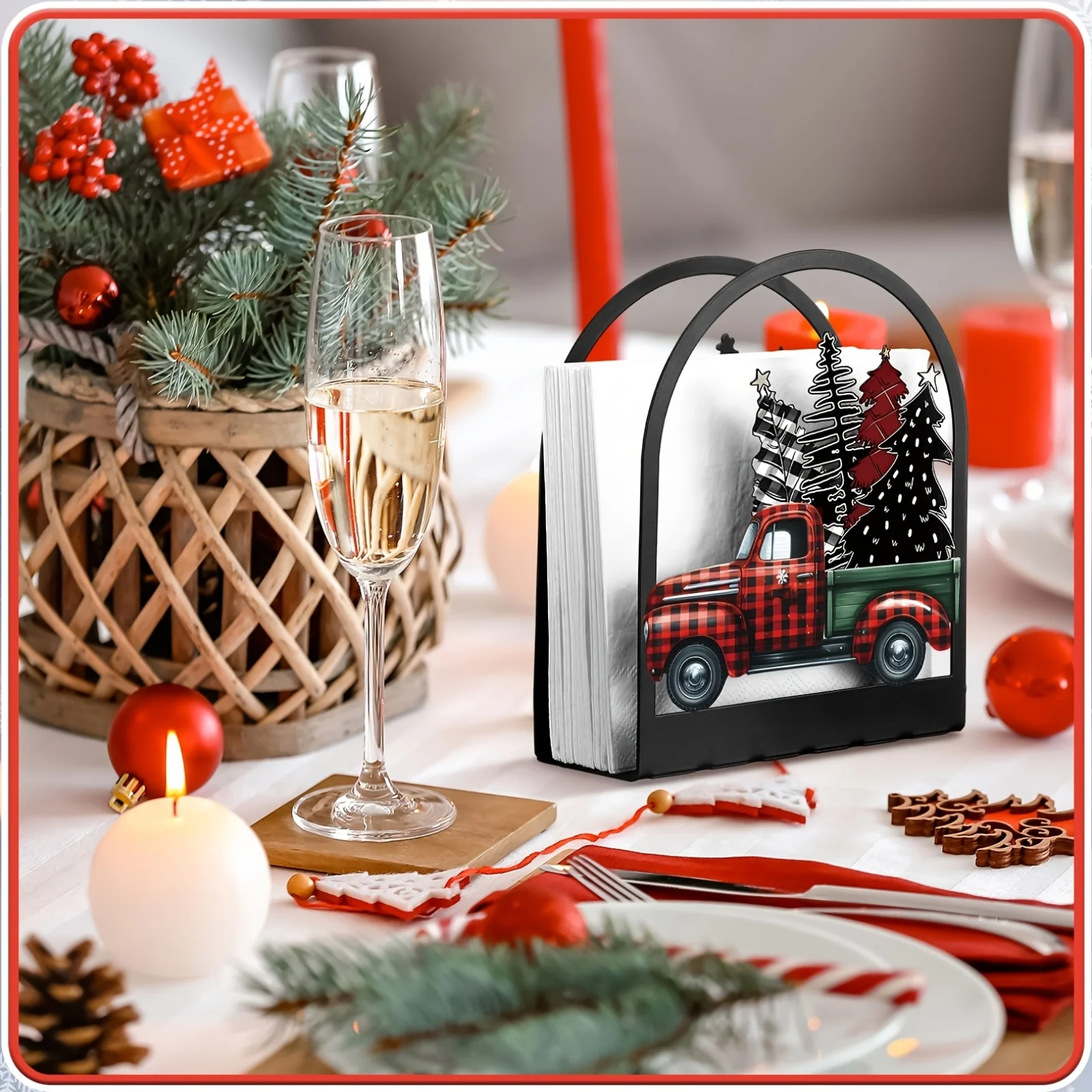 CIFBUY Christmas Tissue Paper Holder Red Truck Buffalo Plaid Napkin Stand Desktop Kitchen Tabletop Farmhouse Country Home Decor