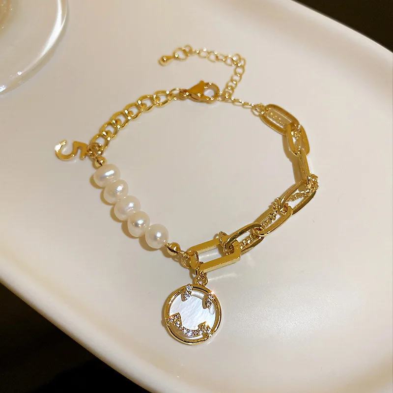 Freshwater Pearl Set Auger Smiling Face Digital Bracelet Female Sweet Wind Light Goldenwholesale  Luxury Tem