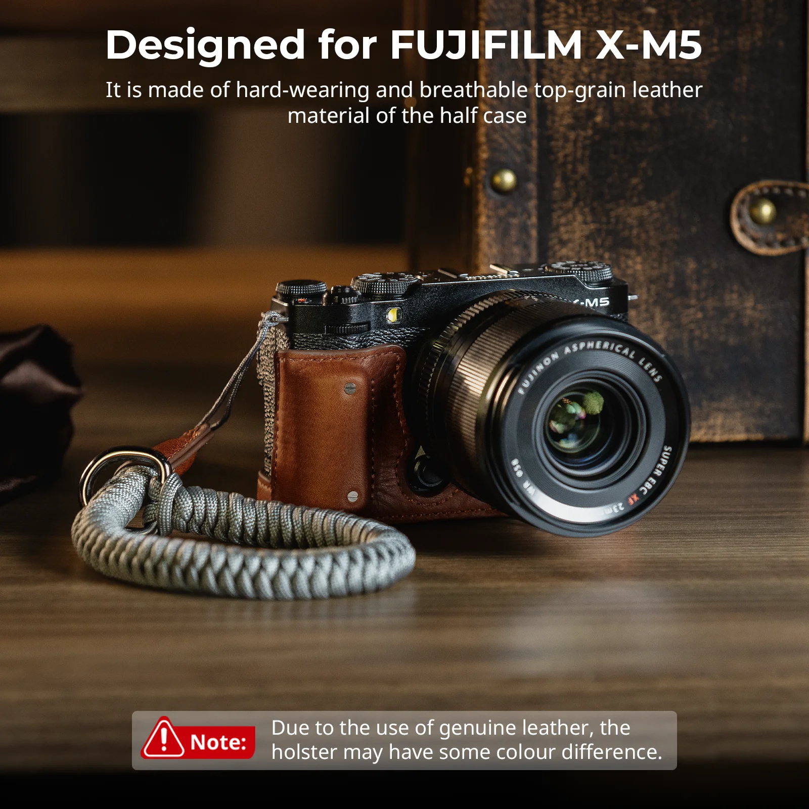 SmallRig Camera Leather Half Case Kit for FUJIFILM X-M5 wIith Wrist Strap Retro Style with 1/4”-20 Threaded Hole Brown/Black