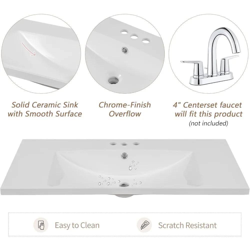 حمام فردي مقاس 36 بوصة مع حوض وخزانة و3 أدراج، مصنوع من الخشب الصلب وMDF