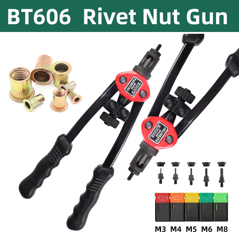 Pistolet do nitowania BT-606, gwintowany ręczny nitownica do nitonakrętek M3 M4 M5 M6 M8, ręczne narzędzie do nitowania z podwójnym uchwytem / tylko 200 szt. nakrętek
