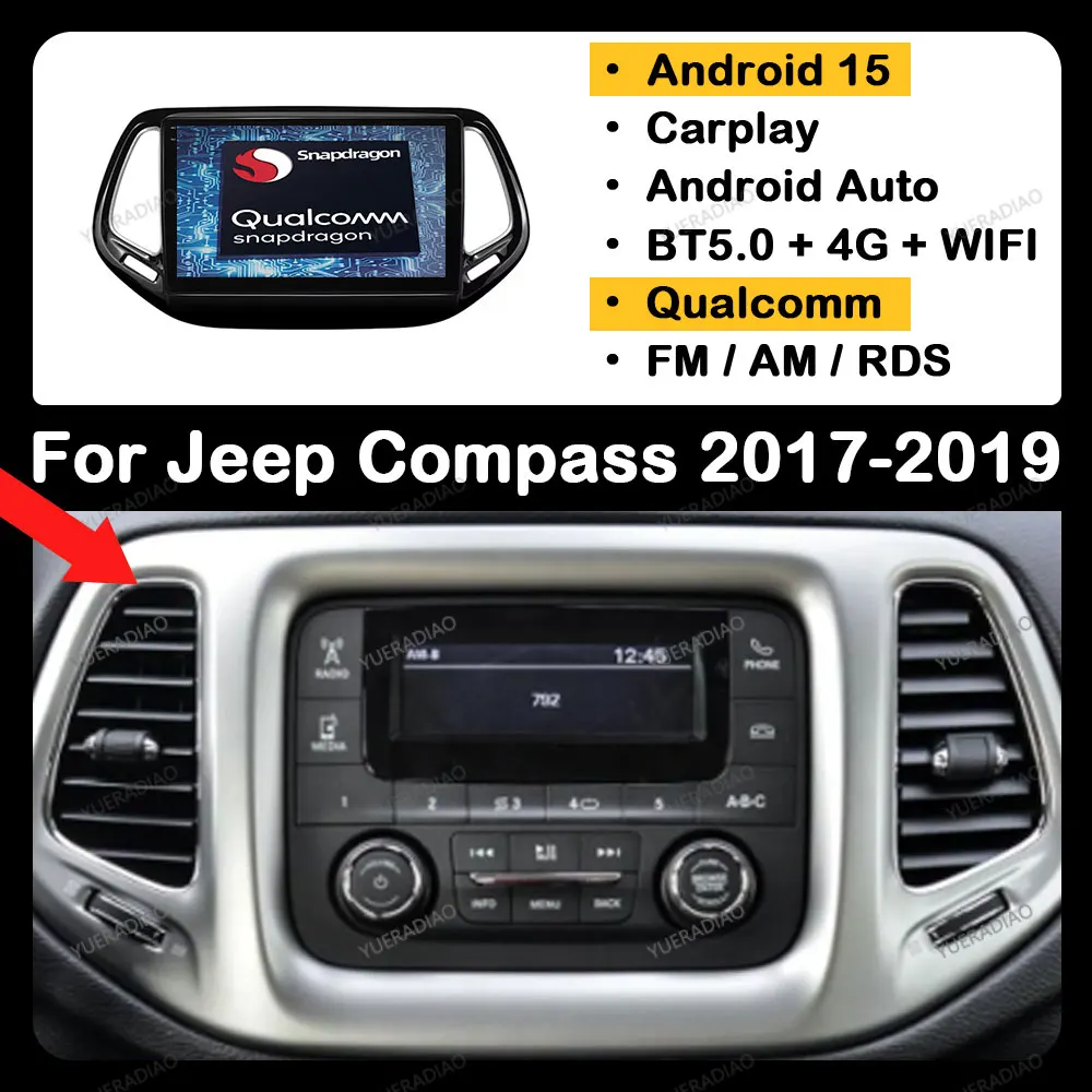 

Android 15 Car Radio For Jeep Compass 2017 2018 2019 Qualcomm 4G WIFI BT Multimedia Stereo Video Player Head Unit GPS NAVI 2DIN
