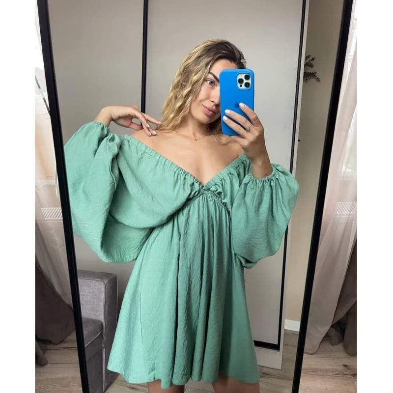 

Осеннее новое сексуальное мини-платье с глубоким v-образным вырезом, темпераментное модное простое однотонное платье с длинными рукавами и рюшами, праздничное вечернее платье Y2K