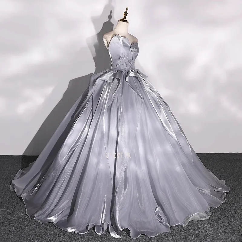 Light Luxury Strapless Party Evening Dresses Women High Quality Pleated A-line Prom Gowns Female Satin Formal Occasion Dress